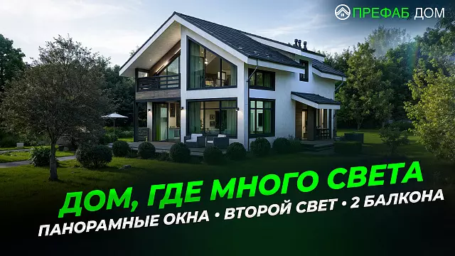 Дом с панорамными окнами, вторым светом и двумя балконами — видеообзор проекта